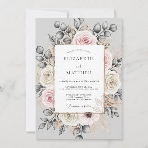 Convite Casamento Floral Ornate Carvão Rosado