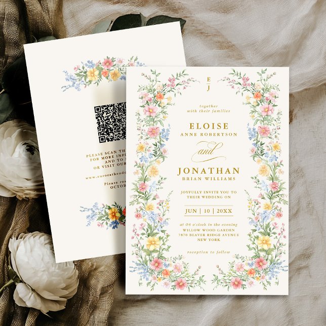 Convite Casamento Floral Ornate com QR Code em Pastel Suav (Soft Pastel Ornate Spring Floral QR Code Wedding Invitation)