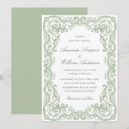 Convite Casamento Floral Ornate Renascença Verde Sálvia