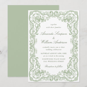 Convite Casamento Floral Ornate Renascença Verde Sálvia