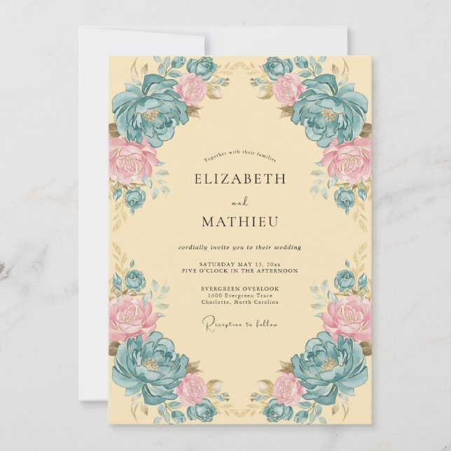 Convite Casamento Floral Ornate Turquesa (Frente)