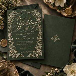Convite Casamento Floral Ornate Verde Floresta Vintage