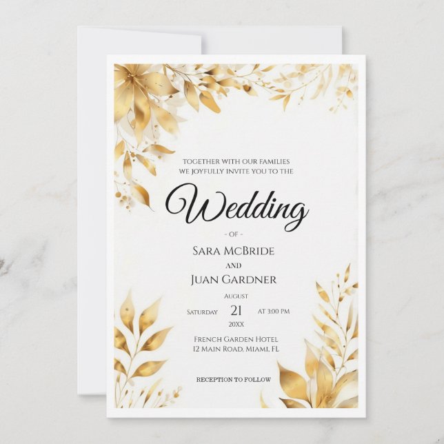 Convite Casamento Floral Ouro Elegante (Frente)