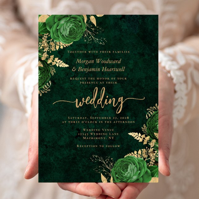 Convite Casamento Floral Ouro Verde Esmeralda (Criador carregado)