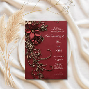 Convite Casamento Floral Ouro Vermelho Elegante