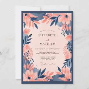 Convite Casamento Floral Ousado Azul Naval Pêssego