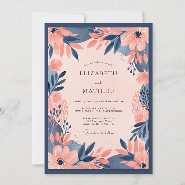 Convite Casamento Floral Ousado Azul Naval Pêssego (Frente)