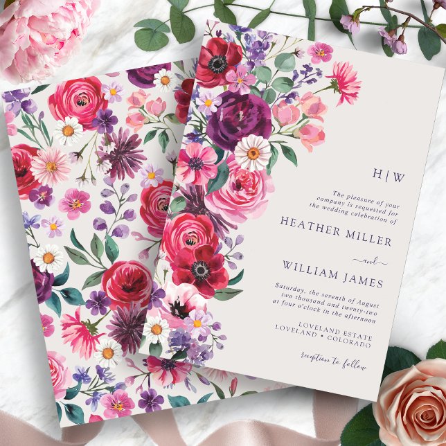 Convite Casamento Floral Ousado e Vibrante (Bold Bright Watercolor Floral Wedding Invitation by Painted Paperie
)