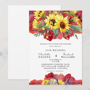 Convite Casamento Floral Ousado em Amarelo Toscano e Verme
