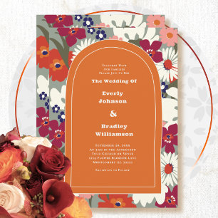 Convite Casamento Floral Ousado Retro Boho Laranja Queimad