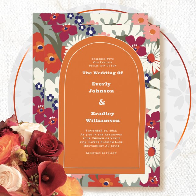 Convite Casamento Floral Ousado Retro Boho Laranja Queimad (Criador carregado)