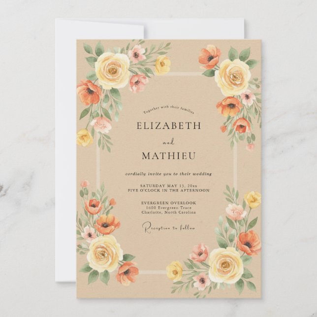 Convite Casamento Floral Outonal Areia Quente (Frente)