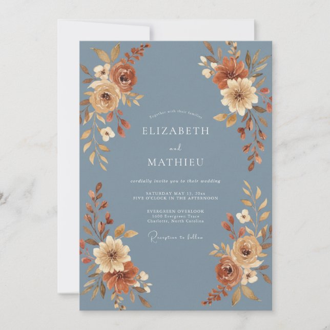 Convite Casamento Floral Outonal Azul Ardesia (Frente)
