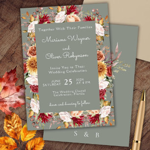Convite Casamento Floral Outonal Bege Verde Sálvia