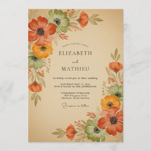 Convite Casamento Floral Outonal de Laranja Queimada
