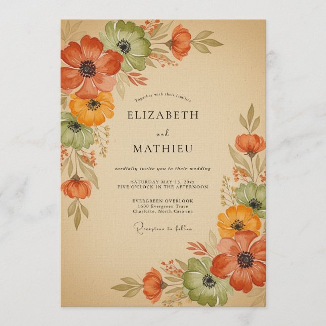 Convite Casamento Floral Outonal de Laranja Queimada (Frente)