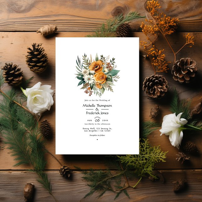 Convite Casamento Floral Outonal de Marrom Dourado e Verde (Criador carregado)
