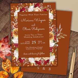 Convite Casamento Floral Outonal de Terracota Bege Borgonh
