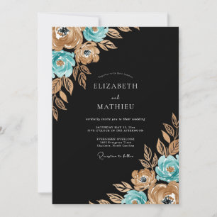 Convite Casamento Floral Outonal Dourado e Turquesa