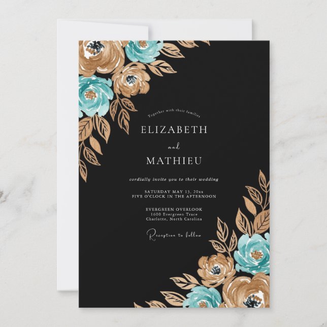 Convite Casamento Floral Outonal Dourado e Turquesa (Frente)