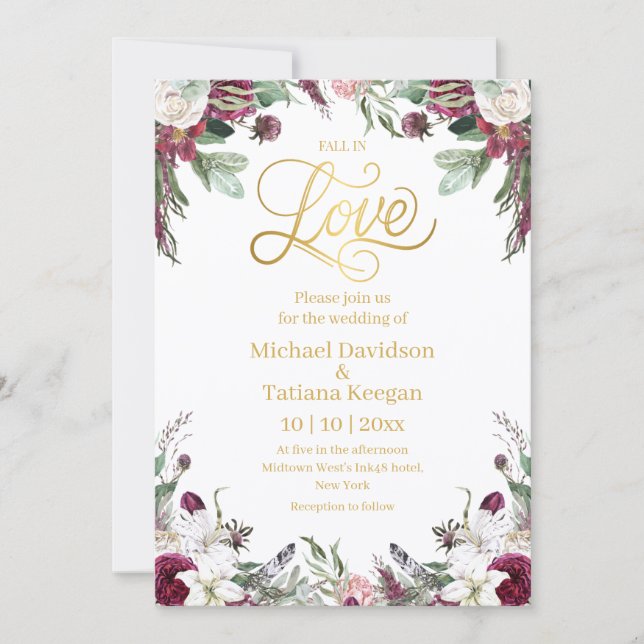 Convite Casamento Floral Outonal Dourado Elegante (Frente)