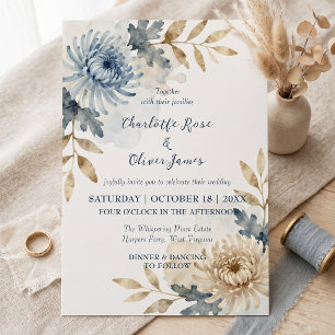 Convite Casamento Floral Outonal em Azul Empoeirado e Sepi