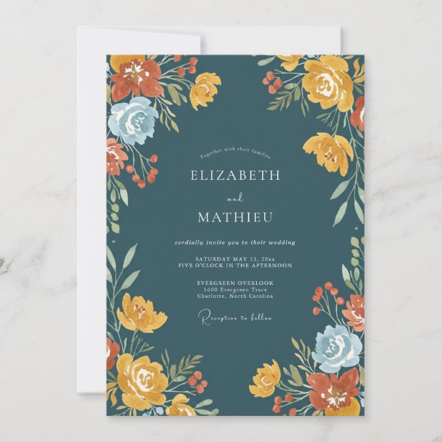 Convite Casamento Floral Outonal em Azul Turquesa (Frente)