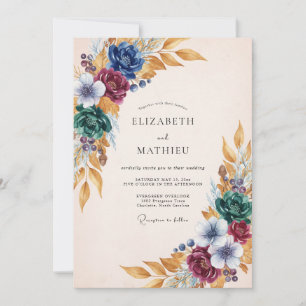 Convite Casamento Floral Outonal em Burgundy e Azul Verde