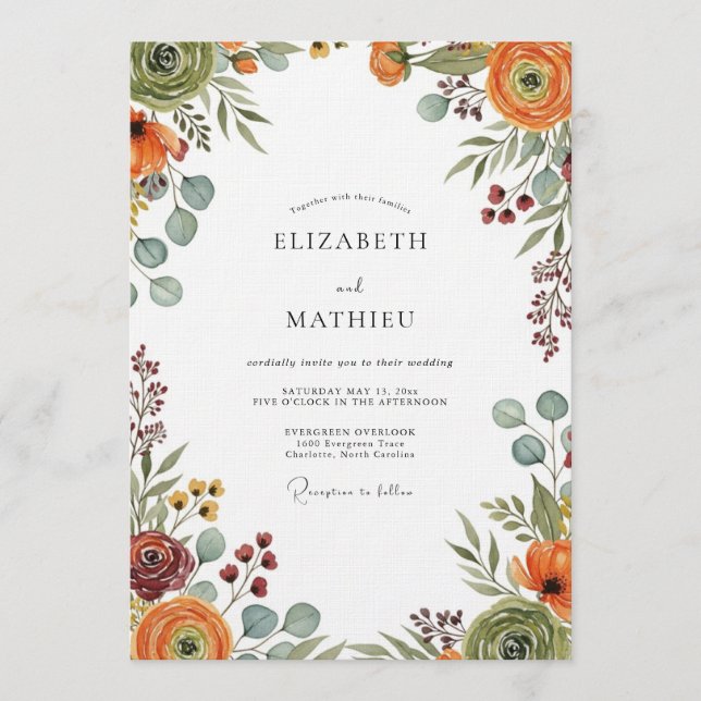 Convite Casamento Floral Outonal em Ocre e Sage (Frente)