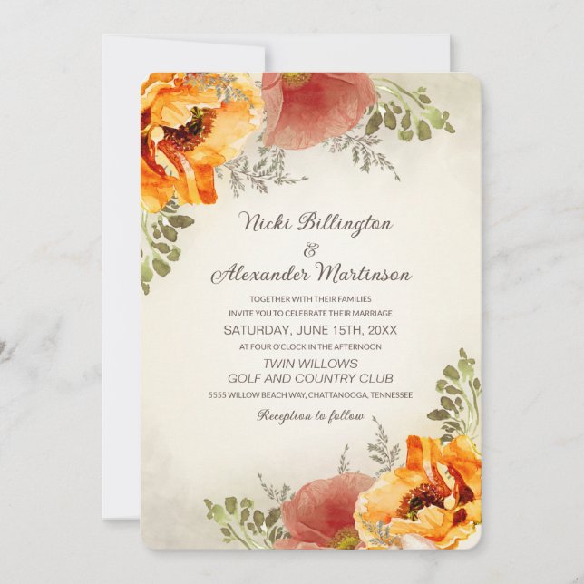 Convite Casamento Floral Outonal Laranja Queimada Rústico (Frente)