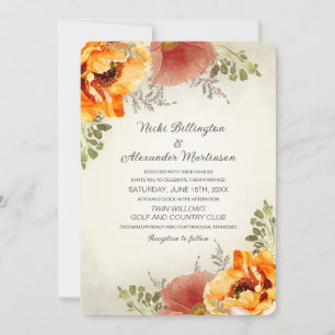 Convite Casamento Floral Outonal Laranja Queimada Rústico