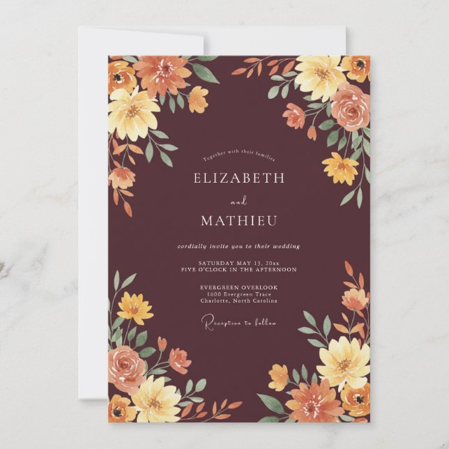 Convite Casamento Floral Outonal Marrom (Frente)
