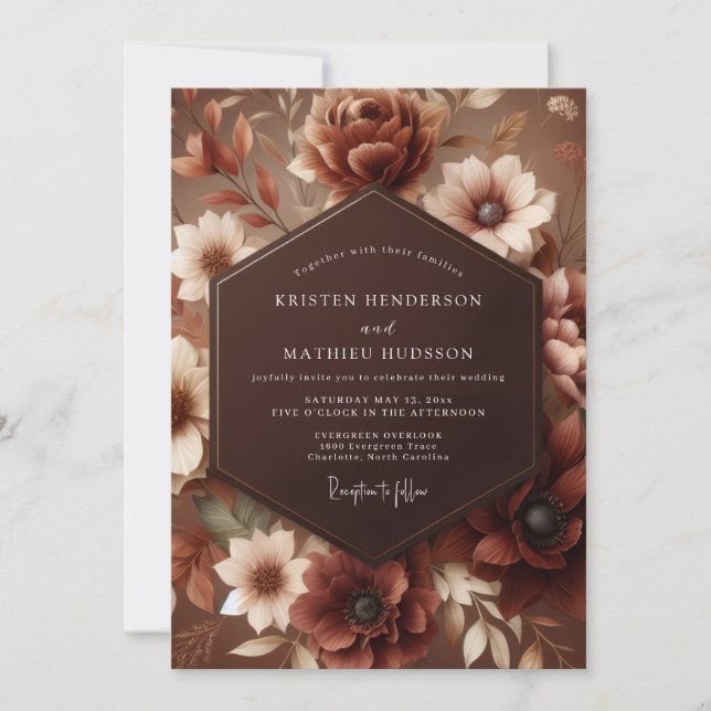 Convite Casamento Floral Outonal Marrom Sombrio (Frente)