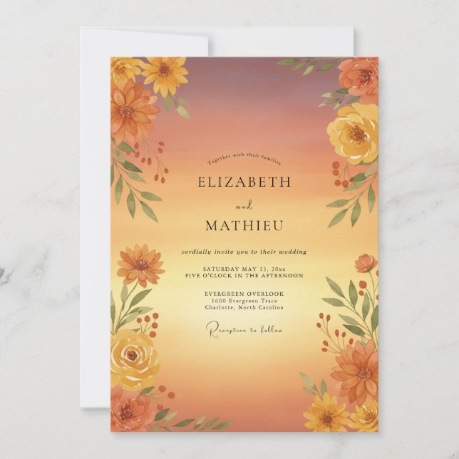 Convite Casamento Floral Outonal Ocre (Frente)