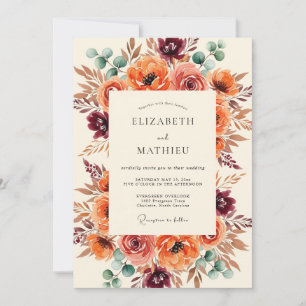Convite Casamento Floral Outonal Pintado de Borgonha