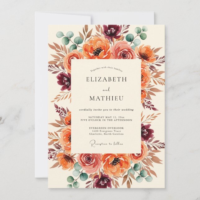 Convite Casamento Floral Outonal Pintado de Borgonha (Frente)