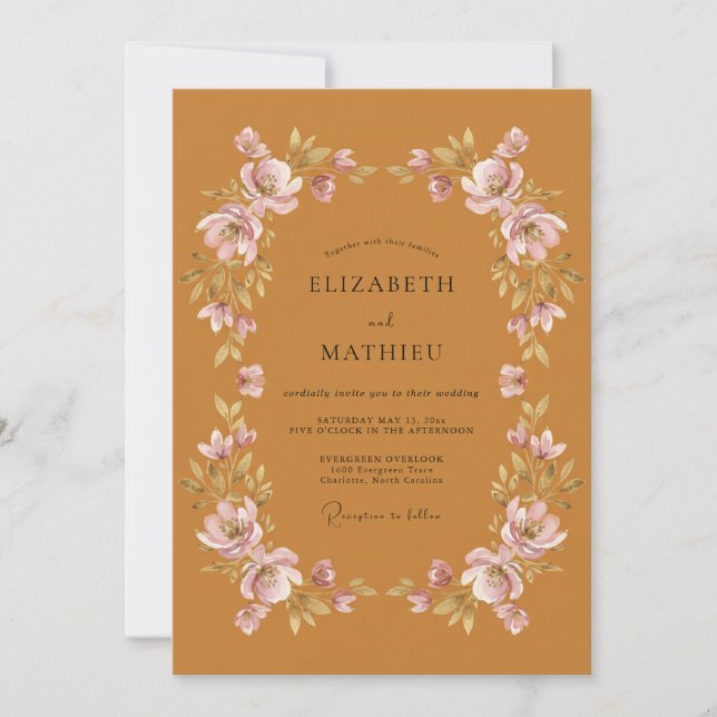 Convite Casamento Floral Outonal Quente em Ocre (Frente)