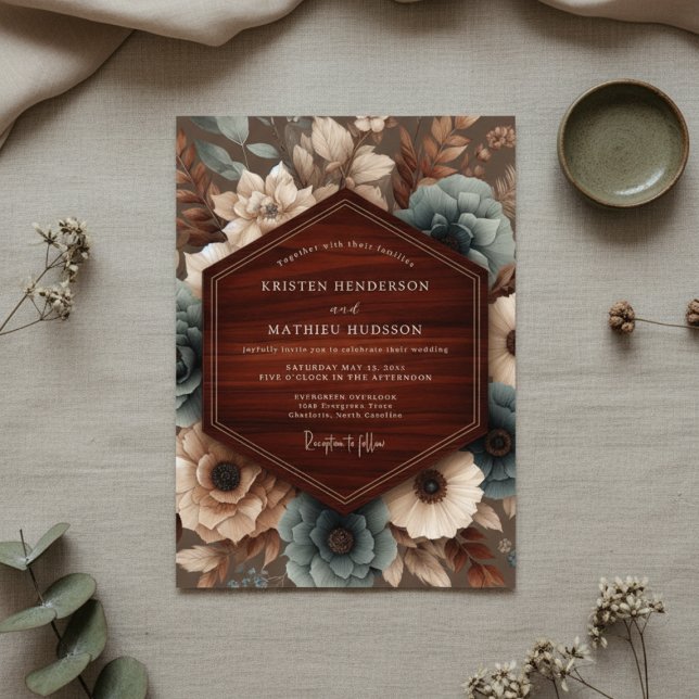 Convite Casamento Floral Outonal Teal Bloom (Criador carregado)