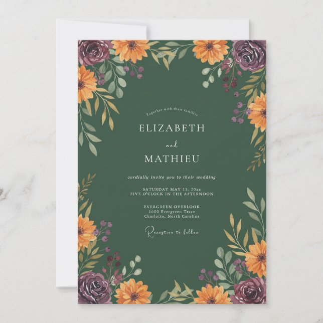 Convite Casamento Floral Outonal Verde Floresta (Frente)