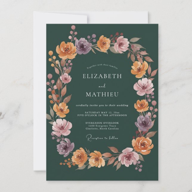 Convite Casamento Floral Outonal Verde Profundo (Frente)