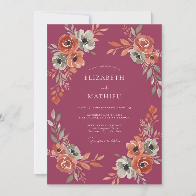 Convite Casamento Floral Outono Ameixa (Frente)