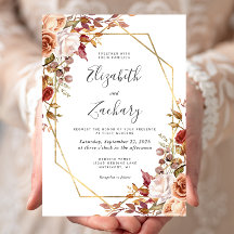 Casamento Floral Outono Aquarela Moldura Dourada