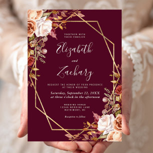 Convite Casamento Floral Outono Aquarela Moldura Dourada B