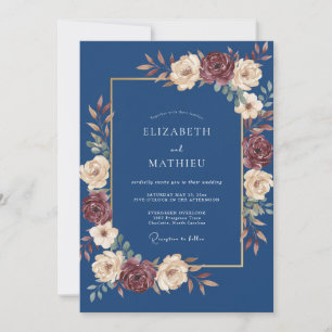 Convite Casamento Floral Outono Azul-Marinho Sombrio