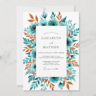 Convite Casamento Floral Outono Azul-Verde