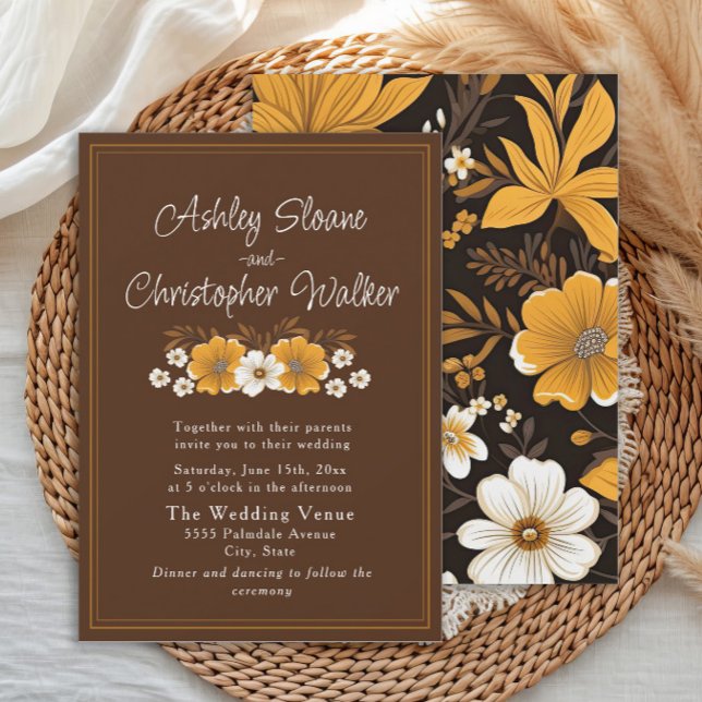 Convite Casamento Floral Outono Boho Dourado (Brown and yellow floral wedding invitation)