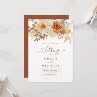 Convite Casamento Floral Outono Burgundy Terracota