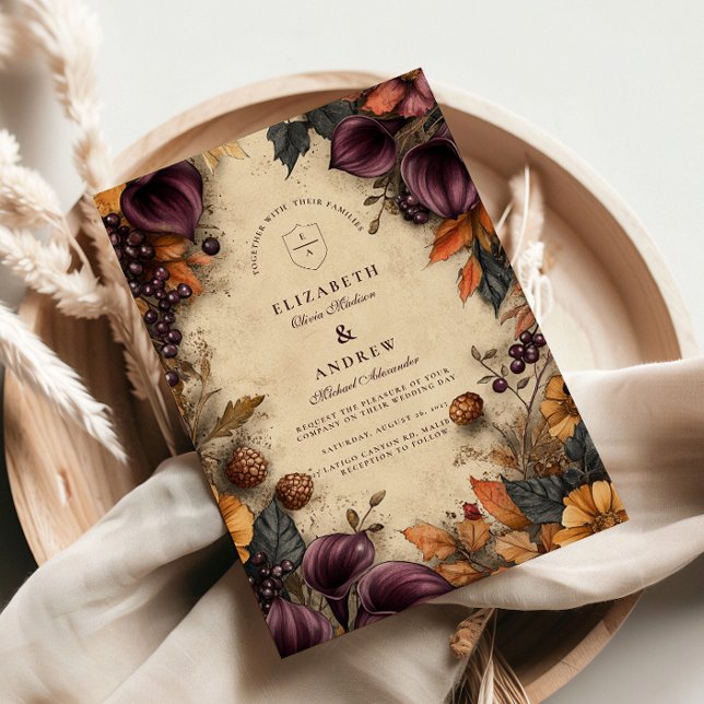 Convite Casamento Floral Outono Cereja Escuro (Criador carregado)