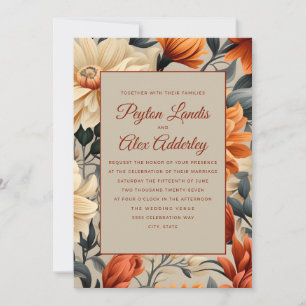 Convite Casamento Floral Outono Creme Ferrugem Laranja Que