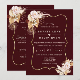 Convite Casamento Floral Outono Dourado Burgundy Profundo 